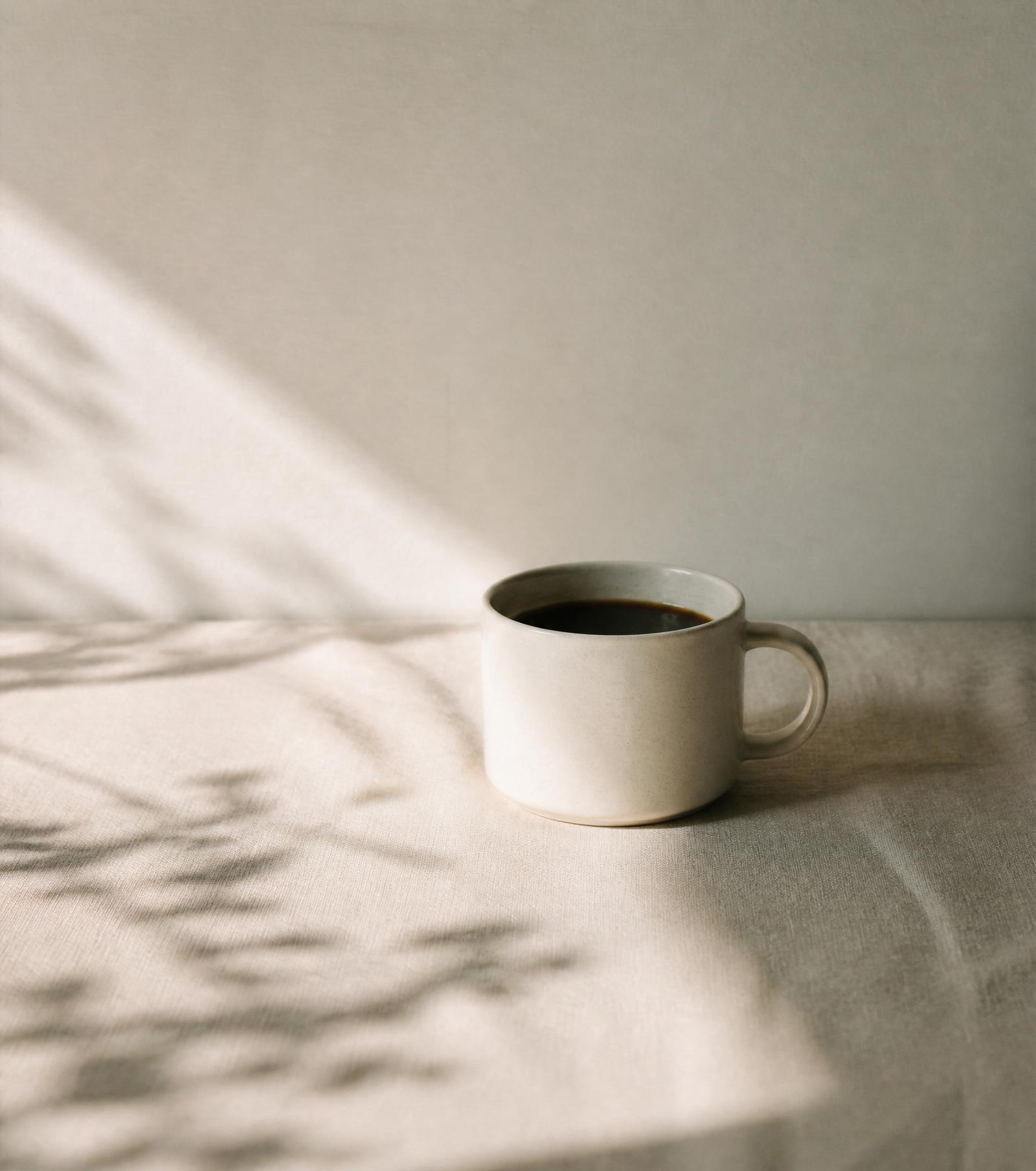 A single ceramic cup of coffee in morning window light